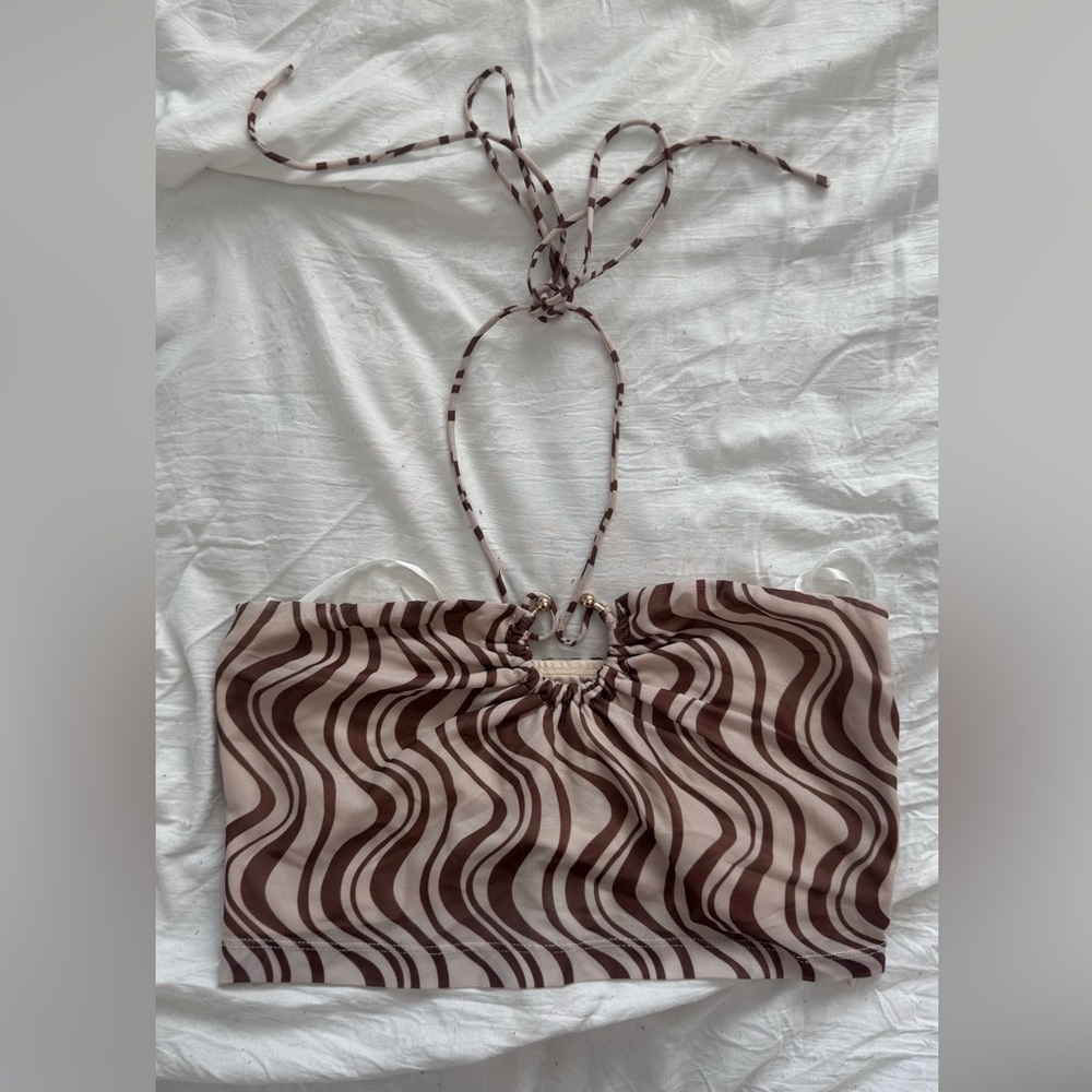 Princess Polly Brown and Cream Crop Top with Wavy Pattern